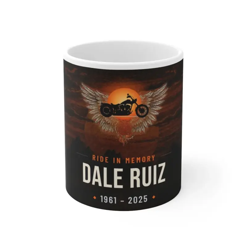 11 oz Ceramic Mug - Printify product photo, personalized ride in memory design